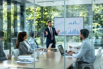 Business presentation in modern office conference room with large windows and green background.