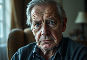 Old male with worn expression, dimly lit room, shallow depth of field