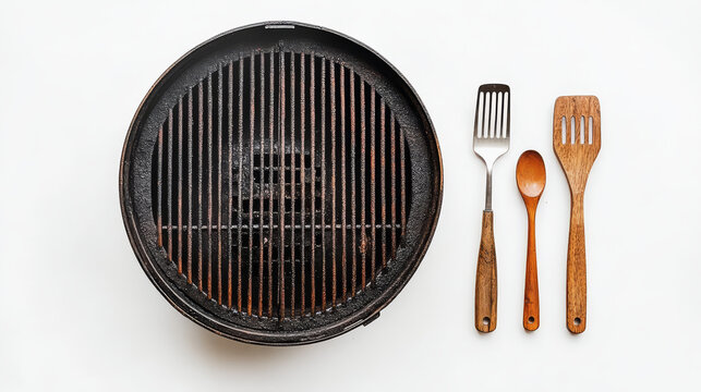minimalist view of empty round grill with cooking utensils, showcasing clean and organized kitchen setup. Perfect for grilling enthusiasts and culinary presentations