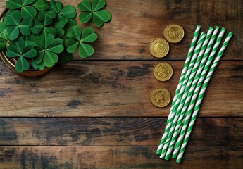 Naklejka premium Decorative green straws with clovers and golden coins on a rustic wooden table, perfect for festive celebrations, St. Patrick's Day, or Irish-themed gatherings.