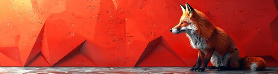 Obraz premium Red fox sitting against a vibrant red geometric wall.
