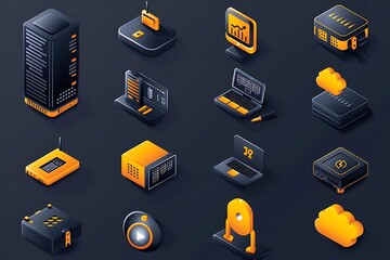 Isometric icons depicting various computer hardware and network components.