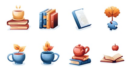 Autumn-themed icons books, tea, leaves, apple, puzzle.