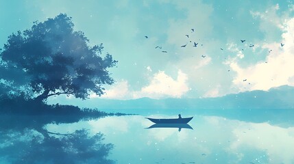 Naklejka premium Peaceful lakeside view with lone boat on calm water