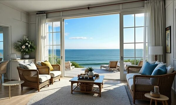 A bright and airy Hamptons-style living space featuring whitewashed walls, soft blue accents, wicker furniture, nautical decor, and large French doors overlooking the seaside, relaxed and elegant