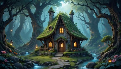 Fototapeta premium Enchanted Stone Cottage Mossy Roof Deep Forest Stream Setting