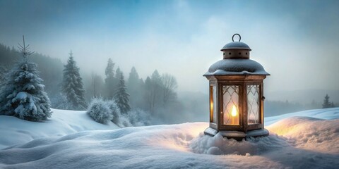 A glowing lantern sits in the snow amidst a tranquil winter landscape, its warm light contrasting with the cool, misty forest