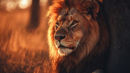 Naklejka premium Majestic lion with a luxurious mane resting under a tree during sunset, showcasing the beauty of wildlife in its natural habitat with warm golden tones.