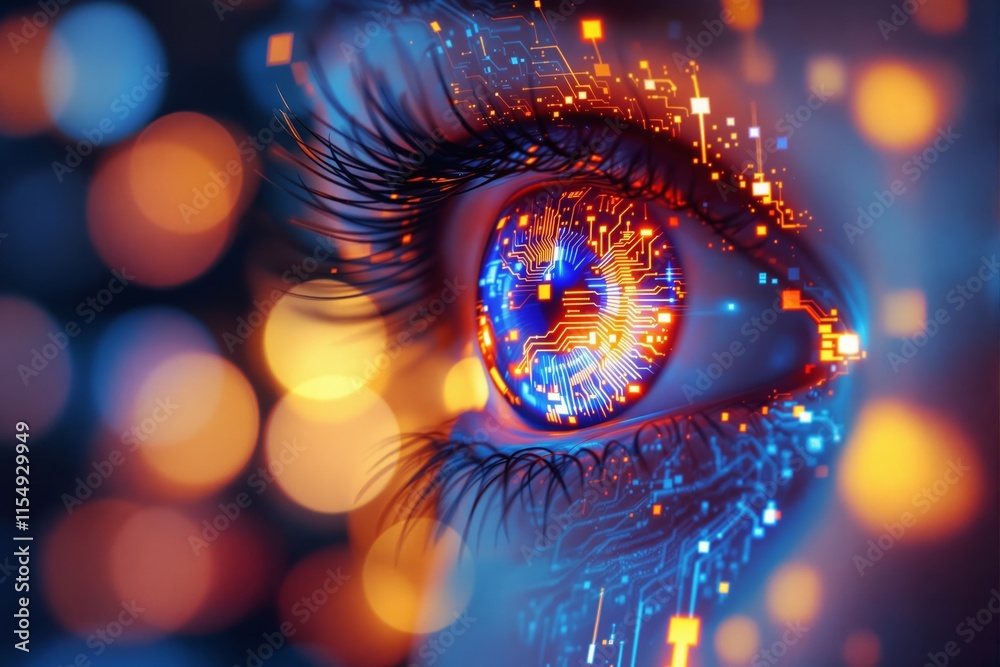 Poster close-up of a human eye integrated with futuristic digital elements and circuits, glowing in vibrant