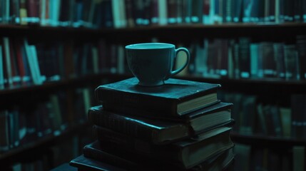 Naklejka premium Stacked books in library with a cup of coffee on it,