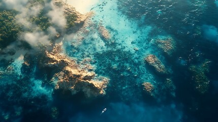 Fototapeta premium Aerial view of tropical island in ocean with blue sky and white clouds