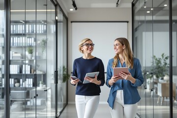 Two smiling businesswomen walking in a modern office hallway, holding digital tablets and phones, discussing work.