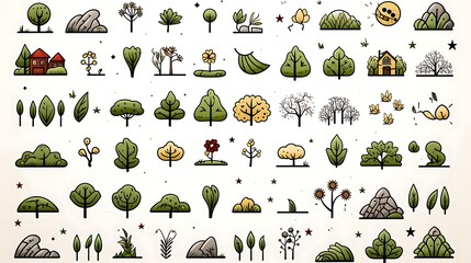 Obraz premium Collection of hand-drawn nature icons trees, bushes, plants, rocks, houses.