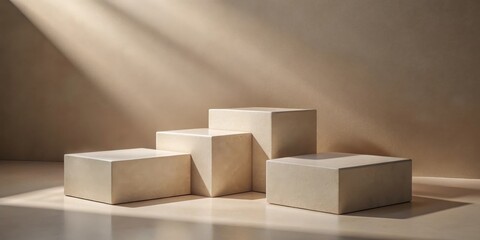 Elegant stone display cubes bathed in sunlight against a neutral backdrop