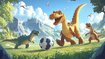 Naklejka premium 2D cartoon illustration of a dinosaur playing soccer with other dinosaurs.--ar 16:9