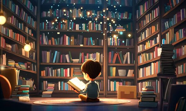 Captivating Children&rsquo;s Illustration of a Young Boy Reading in a Magical Library Surrounded by Books and Twinkling Lights for Enchanting Storytelling Moments