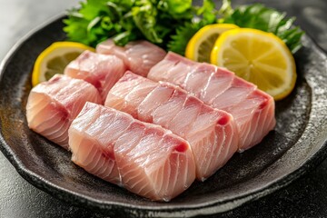 Close-up of Kingfish Sashimi under dramatic studio lighting, showcasing the fresh cut of the fish with garnishes
