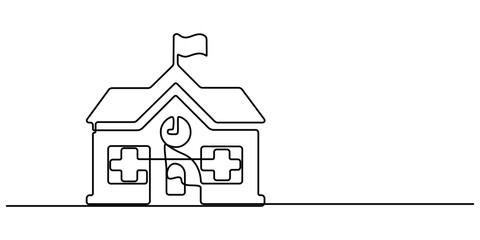Continuous Line Drawing of School Icon. Hand Drawn Symbol Vector Illustration, Continuous one line drawing school building. Building and office concept. Single line draw design vector graphic pro. 