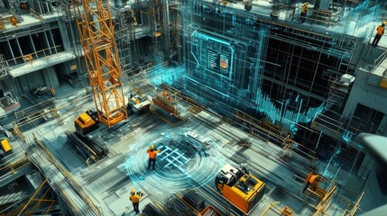 Fototapeta premium High-tech construction site with a focus on digital integration, featuring drones, tablets, and smart helmets used by workers