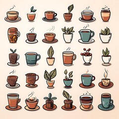 Fototapeta premium Collection of hand-drawn teacups, mugs, and potted plants in various styles and colors.