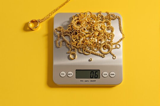 Gold jewelry pieces on a digital weighing scale on a yellow background.