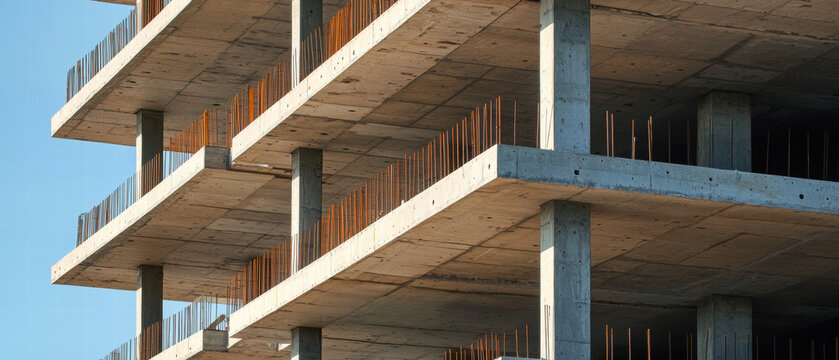Concrete construction. Modern concrete building under construction with exposed floors and rebar.