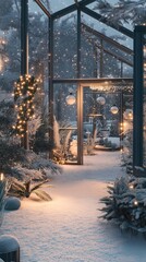 Fototapeta premium A serene winter greenhouse adorned with lights, surrounded by snow and lush plants.