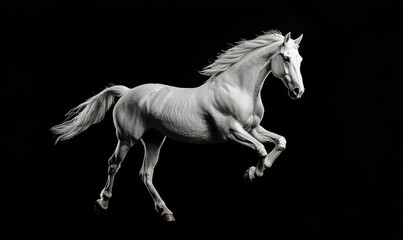 A white horse is running, with a black background