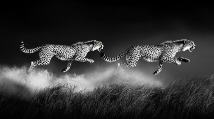 Powerful Cheetahs Sprinting Across Tall Grass in a Dramatic Black and White Setting, Showcasing Their Incredible Speed and Graceful Movement Amidst Nature's Beauty