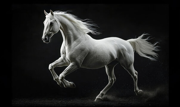 A white horse is running, with a black background - Powered by Adobe