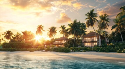 Fototapeta premium Tropical beach paradise, tall coconut palm trees swaying in breeze, turquoise ocean waters, pristine white sandy shore, beachfront villas nestled in lush vegetation, vibrant orange sunset sky, dreamy