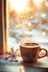A cup of hot coffee on the windowsill, snowflakes falling outside the window, with soft sunlight shining through and creating beautiful reflections.