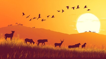 Naklejka premium Stunning Sunset Over Grassland with Silhouetted Animals and Flying Birds Against a Colorful Horizon Illustrating Nature's Beauty