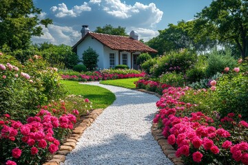 Beautiful garden with roses, trees, winding path to house, blue sky, white clouds, green grass, and white gravel, captured in high-definition with superb detail.