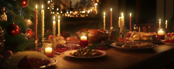 Obraz premium Warm candlelit table with a beautifully arranged New Year feast and decorations