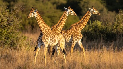 Obraz premium Three Majestic Giraffes Gracefully Walking Through Golden Grass Under a Bright Blue Sky in Their Natural Habitat at Sunset