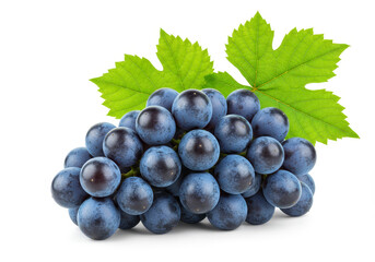 Blue grape cluster with leaves isolated on white background