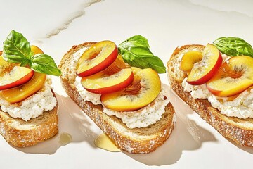 Savoring delicious peach toast with whipped goat cheese outdoor picnic gourmet brunch natural light rustic setting