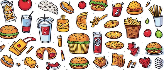 Colorful cartoon illustration of various fast food items, including burgers, fries, and drinks, scattered across a white background.