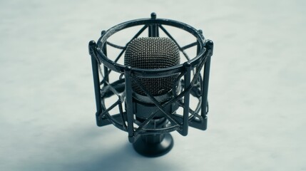 Close-up of a professional microphone with shock mount on a white surface.