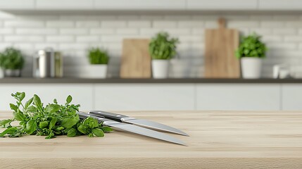 Fresh herbs and a kitchen knife on a wooden countertop in a modern kitchen setting.
