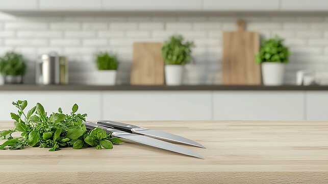 Fresh herbs and a kitchen knife on a wooden countertop in a modern kitchen setting.