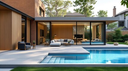 Fototapeta premium Modern Luxury Home with Glass-Walled Patio, Pool, and Minimalist Furnishings, Back Yard View