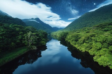 Fototapeta premium Tranquil nightscape of starry sky reflected in calm river lush forest landscape serene nature scene