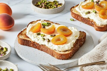 Delicious warm brioche toast with creamy mascarpone and fresh apricots kitchen food bright culinary delight