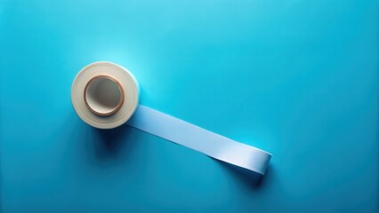A roll of light blue adhesive tape sits on a bright cyan background, unfurling a single strip.