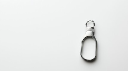 Silver metal key chain with ring on white background.