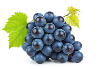 Blue grape cluster with leaves isolated on white background