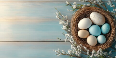 A beautifully arranged nest filled with an array of vibrant pastel Easter eggs and adorned with lovely white blossoms, symbolizing the immense joy of Easter celebrations and festive gatherings