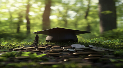 Obraz premium Graduation Cap Resting on a Stack of Coins Symbolizing Education Costs, Investment, and Financial Growth